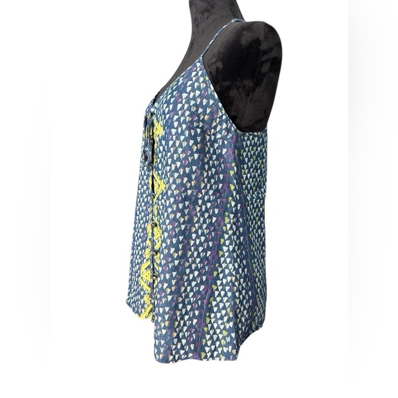 Boho Embroidered Cotton Tank Top Blue Yellow Geometric Print TR Designs size P - Picture 4 of 10
